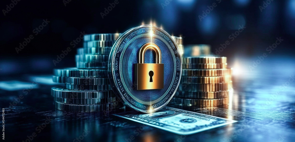 Poster A shielded padlock sits prominently on a stack of coins and currency, symbolizing the importance of privacy and security in banking transactions within a digital environment.