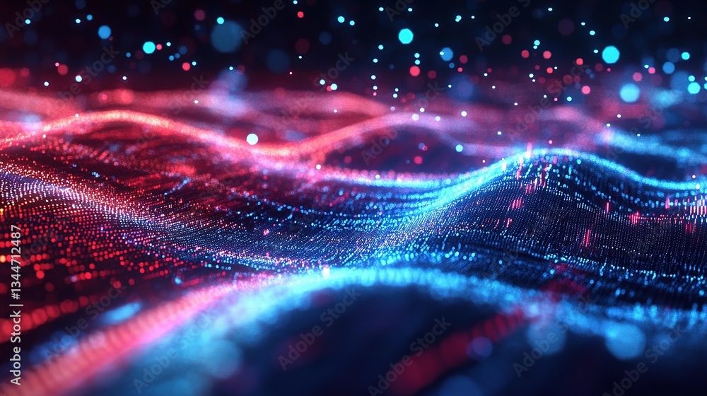 Poster holographic glowing data streams in information technology environment