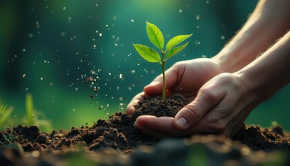 Hands planting a young seedling in the soil, representing green footprint and sustainability.