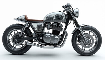 Transparent X-Ray view of custom-built Cafe Racer motorcycle. Detailed 3D render of engine, frame, components. Perfect for engineering, machine-building projects, internal mechanics of vintage