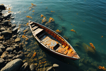 Obraz premium A small rowing boat is tied to the shore.