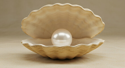A realistic 3D rendering of an open oyster shell with a shiny pearl inside, set against a neutral background.