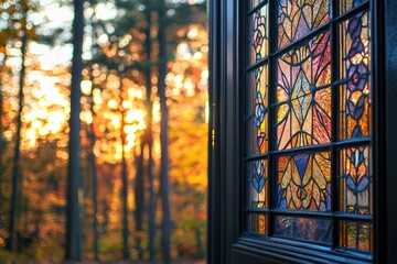 A stained-glass door reveals a breathtaking autumnal forest bathed in the warm glow of sunset.