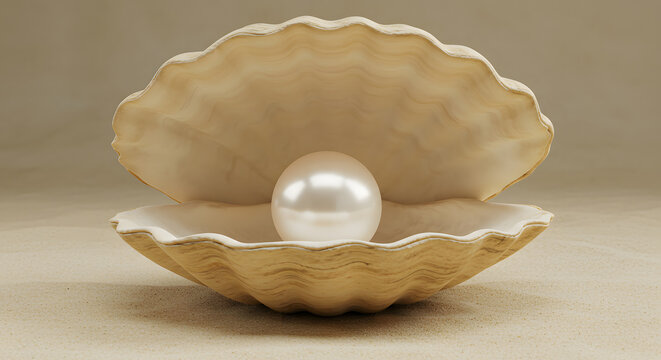 A realistic 3D rendering of an open oyster shell with a shiny pearl inside, set against a neutral background.