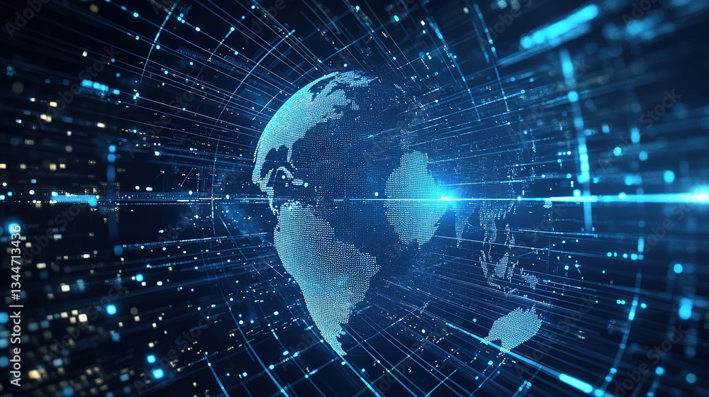 Poster global virtual technology concept with rotating earth and data flow