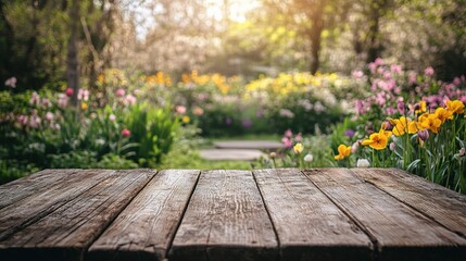 Rustic Wooden Table Surrounded by Vibrant Spring Garden Blooms