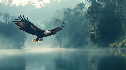 Fototapeta premium Majestic eagle soaring above tranquil river in misty jungle