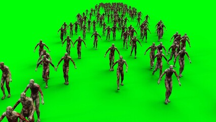a crowd of walking zombies. green screen. Apocalyptic concept. 3d rendering.