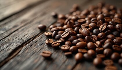 Obraz premium Scattered roasted coffee beans on rustic wooden table. Coffee background. Dark brown espresso grains on vintage wood texture surface, ideal for coffee shop, cafes. Hot drink aroma, fresh morning