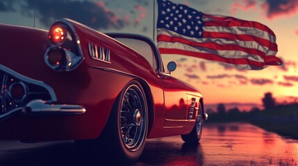 A classic red sports car and an american flag at sunset