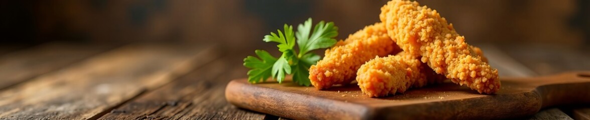 Crispy golden fried chicken tenders on a rustic wooden board, restaurant, delicious, food
