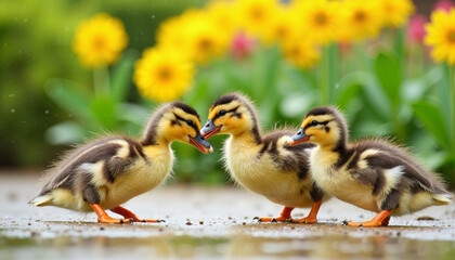 Ducklings play-fighting in spring rain at city park, lively energy