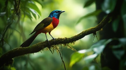 Obraz premium Vibrant bird perched on a branch in lush rainforest