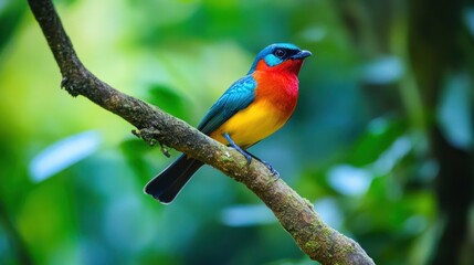 Obraz premium Vibrant bird perched on a branch in a lush forest