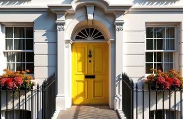 A bright yellow front door adorns luxury London townhouse. White stucco exterior, flowers and black iron fence contribute to design. Traditional British architecture, expensive property in England.