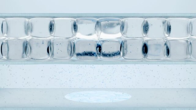 3D animation of white serum, cream, and lotion drops absorbing into saggy and acne-prone skin cells &ndash; UV protection, ultraviolet shield reflection, skin repair, deep hydration, and collagen boost.