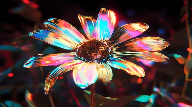 Close-up of Iridescent Flower with Vibrant Colors and Reflective Petals