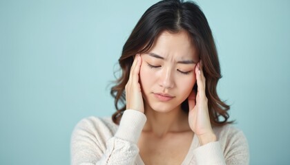 Young asian woman suffering from headache sinus pressure, touches temples. Female feels unwell, experiencing pain, migraine tension. Health problems, stress concept. Healthcare, medicine remedy,