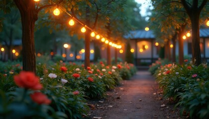 Charming garden pathway illuminated by string lights and blooming flowers during Earth Hour.