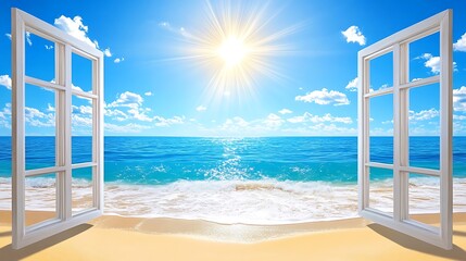 Beachfront View Through Open Windows.