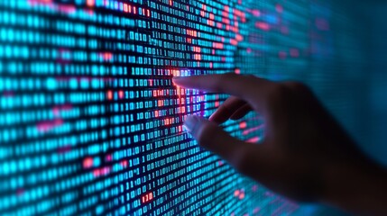 Digital interaction with binary code data visualization virtual environment technology concept close-up perspective