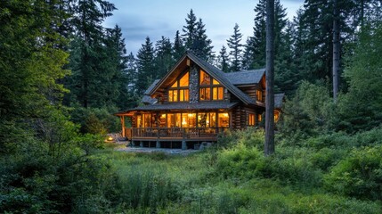 Cozy Log Cabin Surrounded by Lush Forest and Twilight Glow, Ideal for Relaxation or Weekend Getaway in Nature