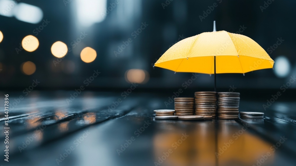 Aufkleber a yellow umbrella stands over a stack of coins on a wet surface, symbolizing protection and privacy 