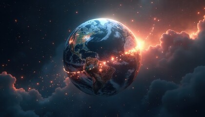 Stunning Earth view in space illuminated with glowing lights and clouds during Earth Hour.