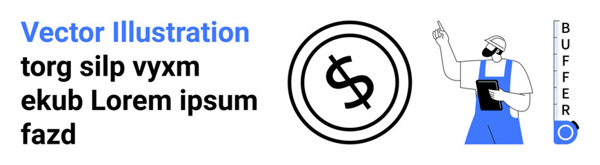 Worker in overalls holding clipboard, pointing at dollar coin icon. Placeholder text and Buffer label. Ideal for financial tips, business strategy, budgeting, money management, marketing, teamwork