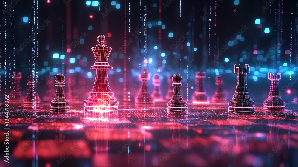 Poster digital chessboard with glowing pieces, symbolizing strategy and foresight, abstract background