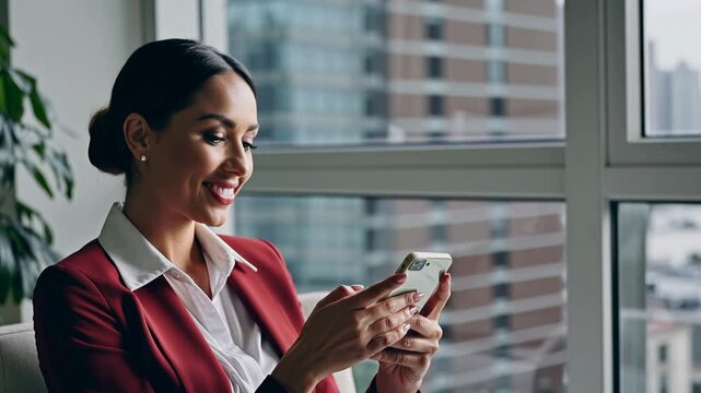 Smiling Businesswoman Using Smartphone in Modern Office. Confident businesswoman in a red blazer smiling while using her smartphone near a window in a modern office. Corporate success concept.