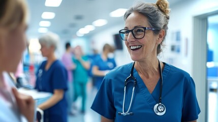 Caring healthcare professional interacting with a colleague in a modern medical facility