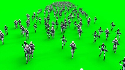 a crowd of walking robots with weapons. green screen.3d rendering.
