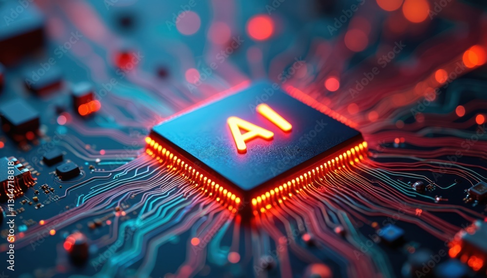 Poster close-up of ai word on glowing microchip. light spreads with strong beam, creating colorful connecti