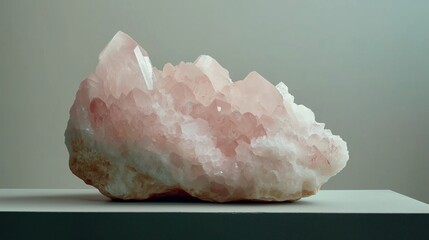 Photograph of a cluster of pink crystals on a white surface. the crystals are arranged in a way that they form a star-like shape, with each crystal having a different size and shape.