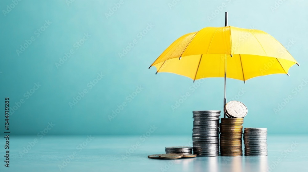 Aufkleber a stack of coins is sheltered under a bright yellow umbrella, symbolizing protection in banking and 