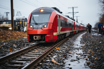 Naklejka premium The train derailed, an accident on the railway track with a train.