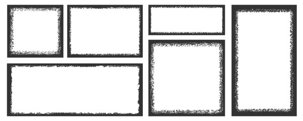 Collection of grunge photo frame templates. Rough-edged rectangular frames ideal for photo collages, stories, and social media. Vintage-style borders for picture overlays.