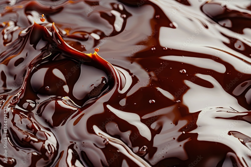 Poster thick melted chocolate droplets flowing smoothly on creamy background with glossy texture and rich d