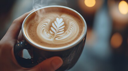 Latte art in a cup held gently, steam rising, creating a cozy atmosphere. Close-up on the beverage.