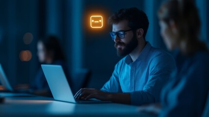 Focused professional working late at night office environment digital interaction modern workspace introspective mood