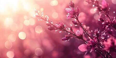 A soft, blurred abstract background featuring delicate pink flowers with droplets, creating a gentle, dreamy atmosphere