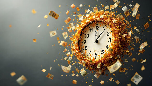 Exploding clock, time shattering, golden fragments, conceptual time manipulation, surreal timepiece