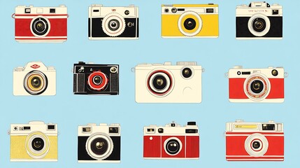 Vintage camera set with different colors, equipment