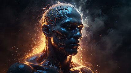 High-Tech Android with Illuminated Circuits in a Dramatic Setting
