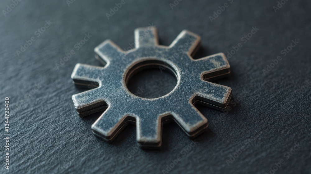 Poster a close-up image of a metallic gear resting on a textured surface, showcasing its intricate design a