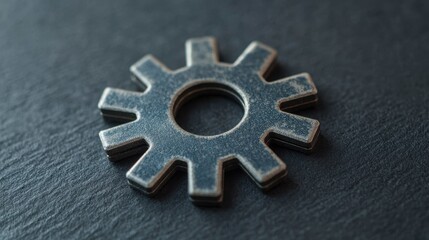 A close-up image of a metallic gear resting on a textured surface, showcasing its intricate design and aged appearance.