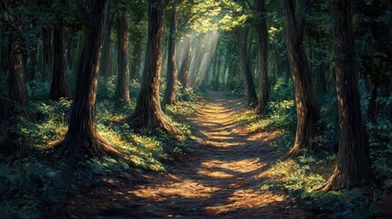 Obraz premium Serene Forest Pathway Bathed in Soft Sunlight with Lush Greenery and Gentle Shadows