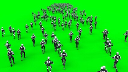 a crowd of walking robots with weapons. green screen.3d rendering.