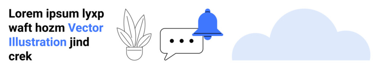 Bell notification, text bubble, potted plant, and abstract cloud symbolizing alerts, communication, growth, and networking. Ideal for apps, social media websites education team collaboration